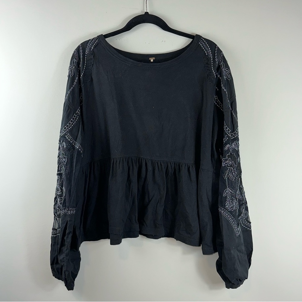 Free People Black Embroidered Sleeve Penny Shirt - Picture 1 of 9